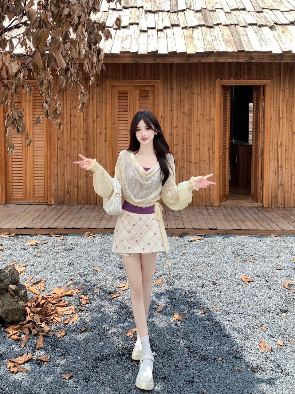 실사 이른 가을 레이스 흔들다 칼라 긴팔 블라우스 신축성 레이스 벌룬 소매 맨위 슬립 반 스커트 3종 세트 이미지 5