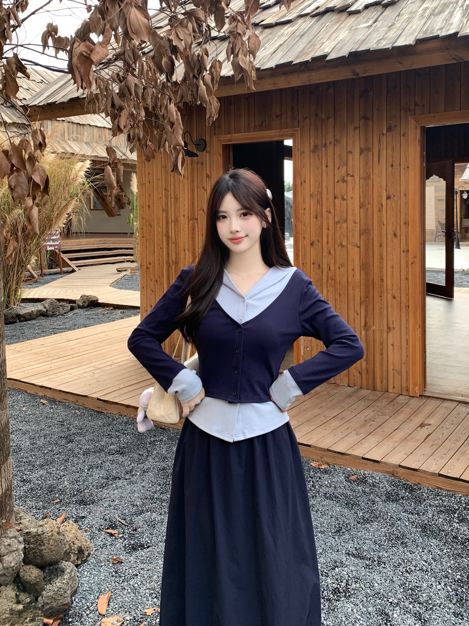 실사 빅 사이즈 가을과 겨울 패치워크 색상 후드 긴팔 맨위 허리밴드 해군 반신 롱 스커트 투피스 세트 상세 이미지 11