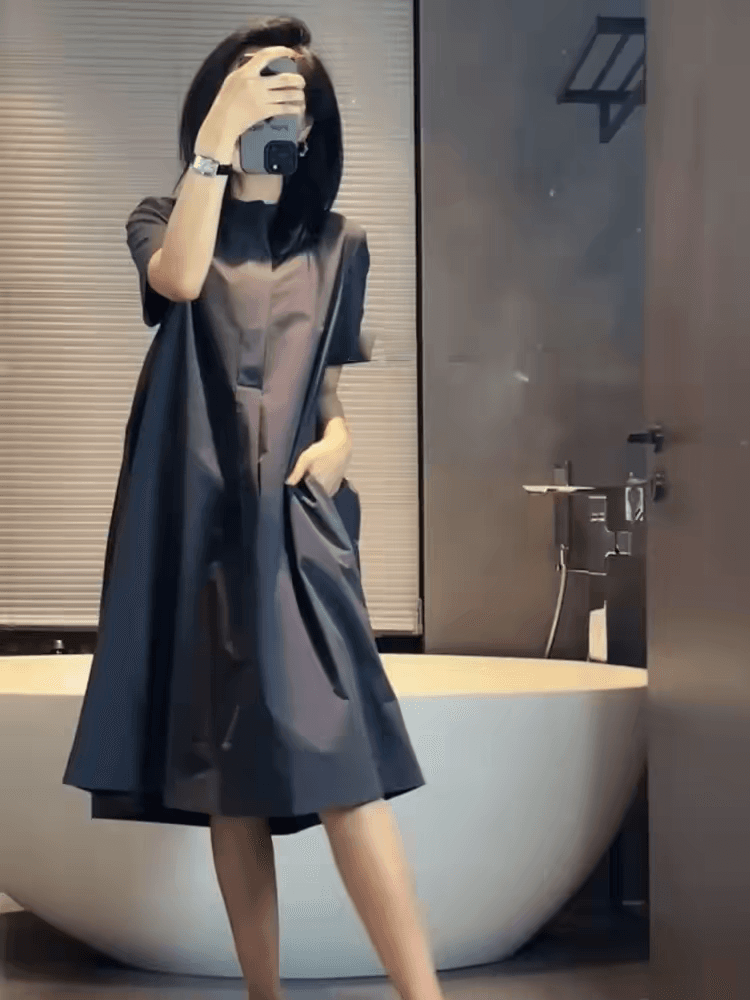 프랑스식 마이크로 지방 캐주얼 품격 여성 드레스 여름 루즈핏 슬림해 보이는 디자인 센스 단색 스트레이트 반팔 셔츠 드레스