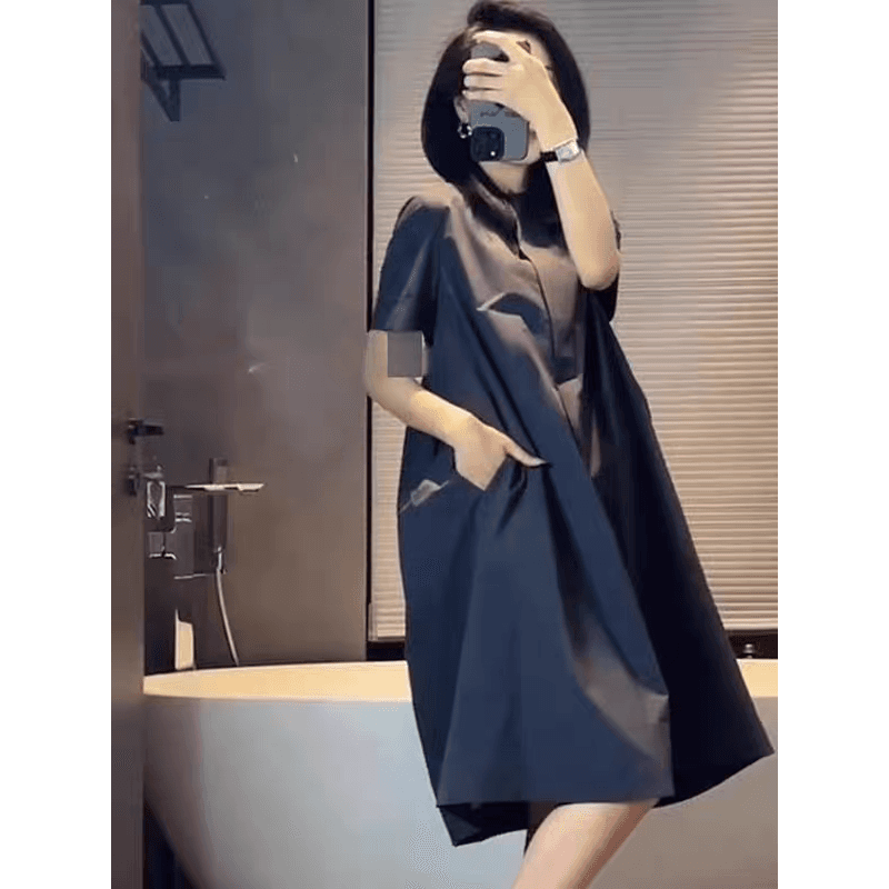 프랑스식 마이크로 지방 캐주얼 품격 여성 드레스 여름 루즈핏 슬림해 보이는 디자인 센스 단색 스트레이트 반팔 셔츠 드레스 이미지 5