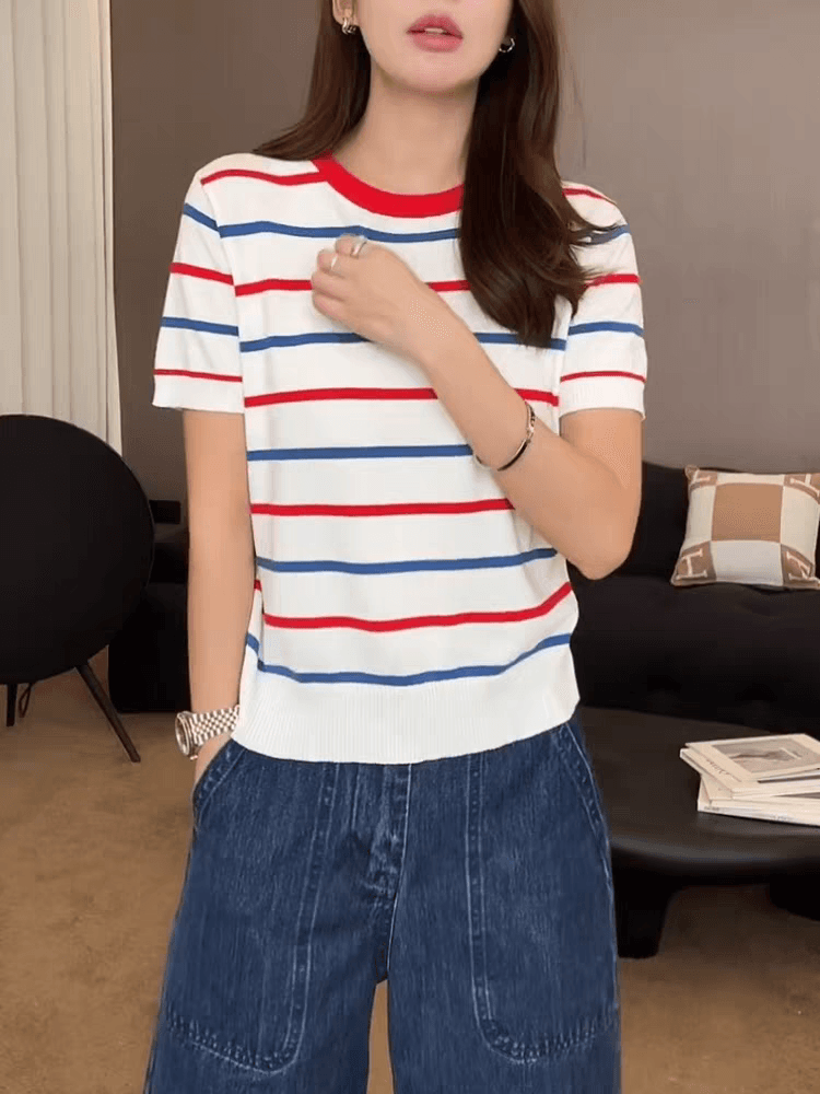 도파민 색상 스트라이프 니트 스웨터 반팔 티셔츠 여성 여름 슬림해 보이는 다용도 출퇴근 캐주얼 맨위 상세 이미지 3