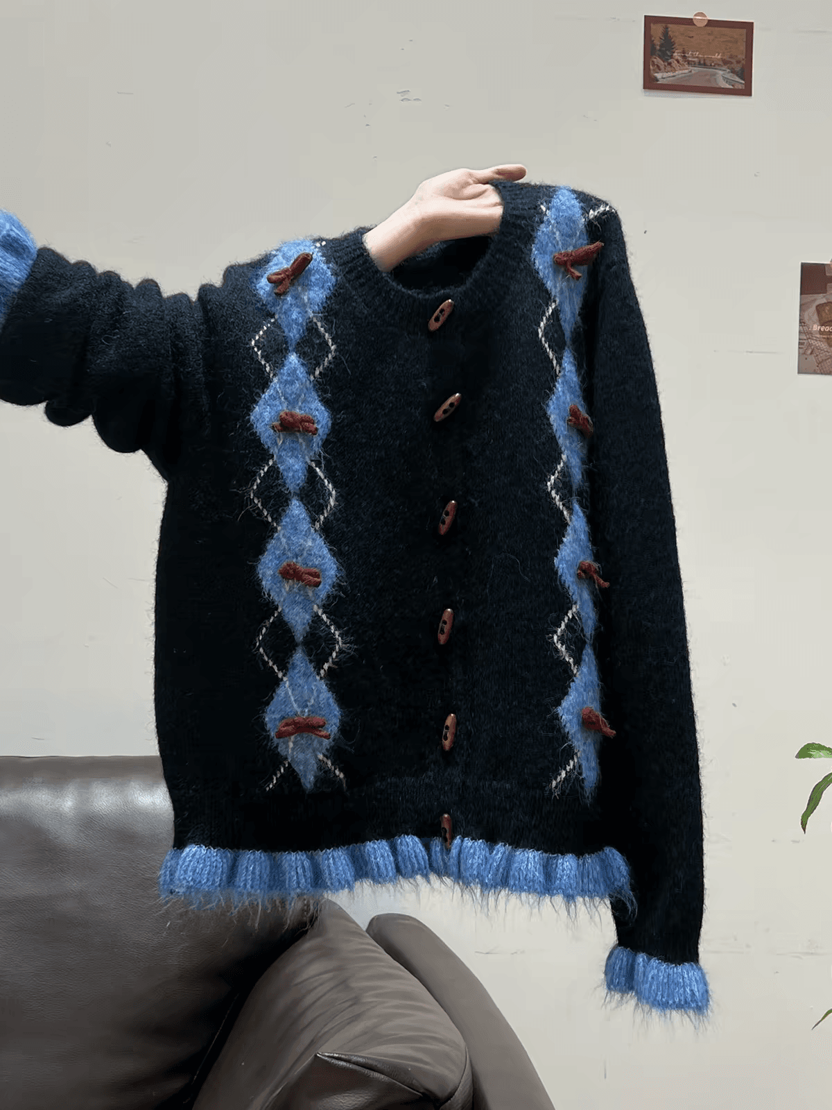 블루 링 그리드 나비 매듭 니트 스웨터 긴팔 두꺼운 가을 겨울철 느긋한 센스 카디건 코트 소뿔 버클 업 의류