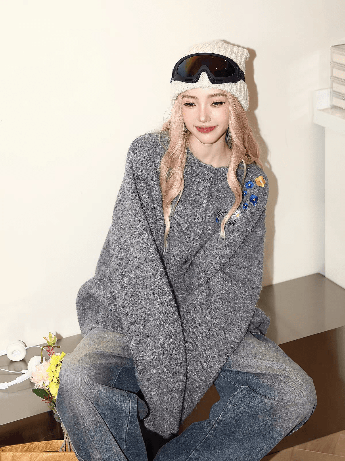 아메리칸 자수 오픈 가디건 스웨터 여자 가을 겨울철 작은 키 루즈핏 캐주얼 니트 스웨터 재킷 상세 이미지 6