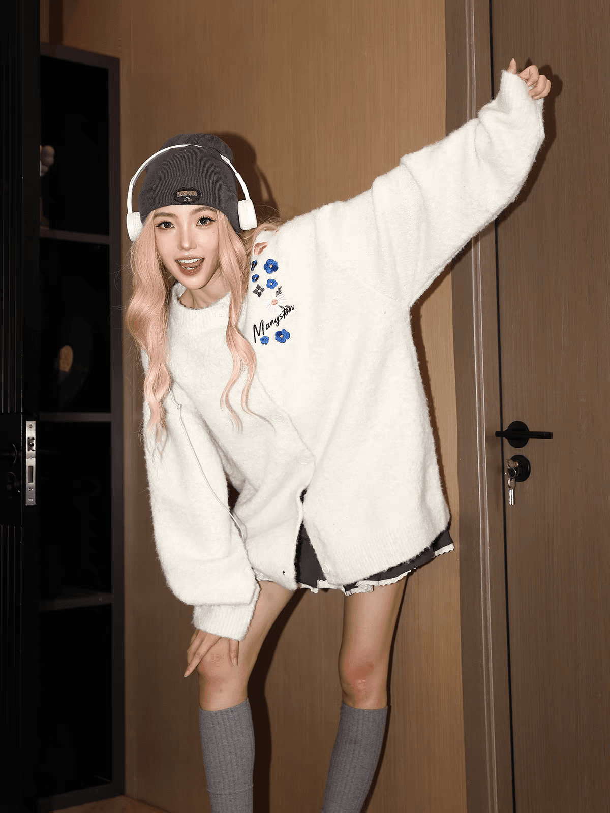 아메리칸 자수 오픈 가디건 스웨터 여자 가을 겨울철 작은 키 루즈핏 캐주얼 니트 스웨터 재킷 상세 이미지 7