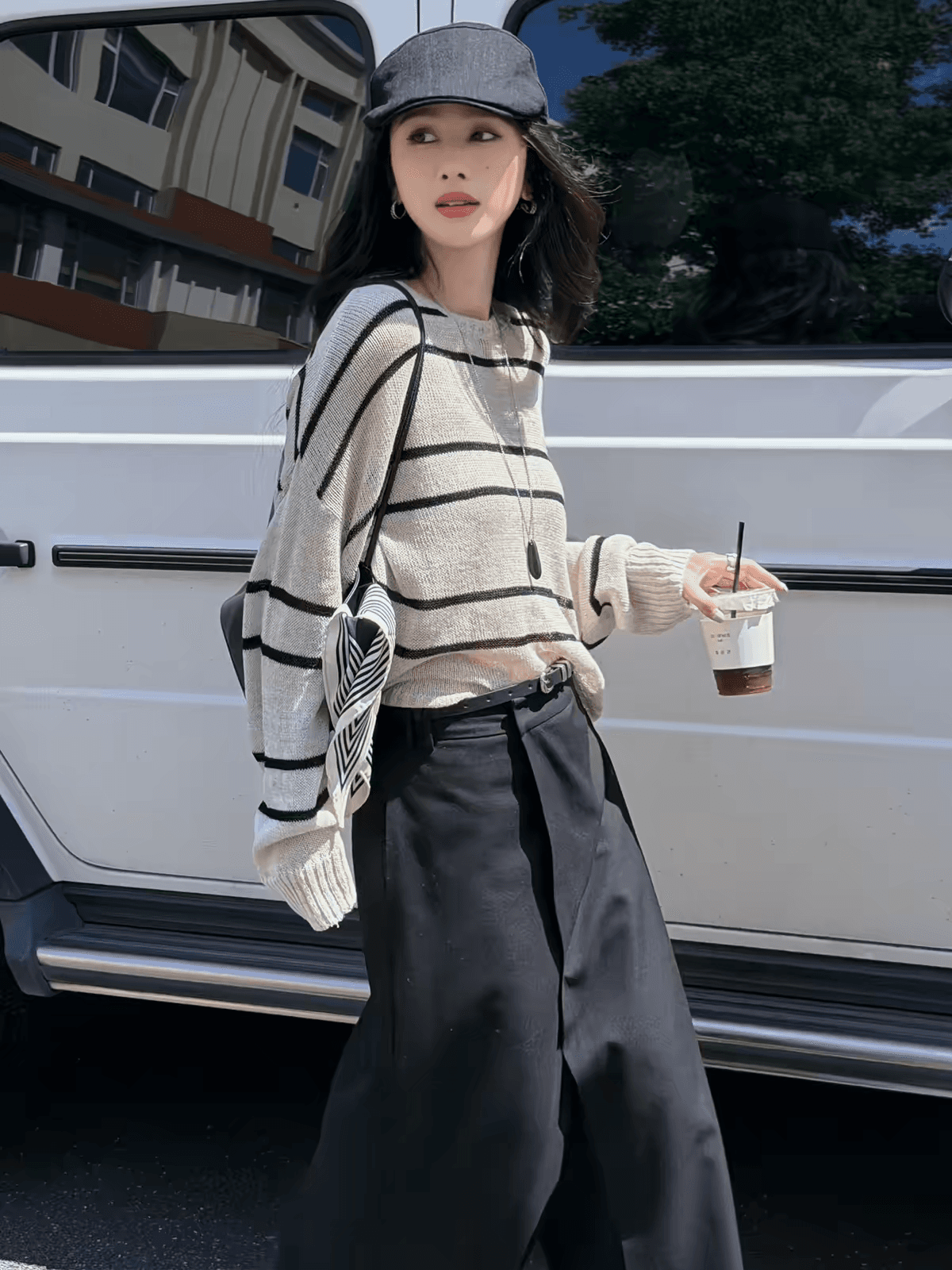 프라임 곡물 새로운 라운드 넥 스트라이프 긴팔 여성 니트 스웨터 캐주얼 다용도 슬림해 보이는 미니멀리즘 맨위 이미지 2