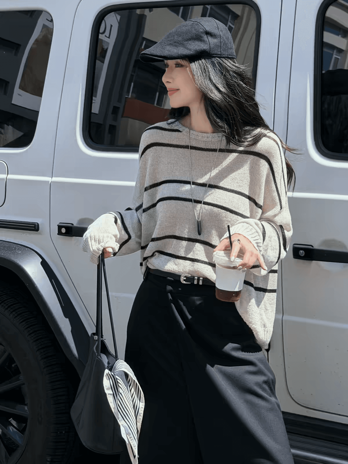 프라임 곡물 새로운 라운드 넥 스트라이프 긴팔 여성 니트 스웨터 캐주얼 다용도 슬림해 보이는 미니멀리즘 맨위 상세 이미지 3