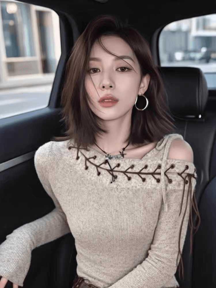 2026 년 가을 새로운 살구 색상 비스듬한 어깨 레이스업 오프숄더 나팔 긴팔 출퇴근 다용도 미니멀리즘 몸매 가꾸기 맨위 이미지 3