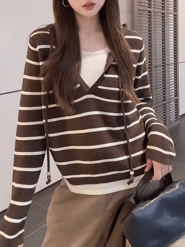 새로운 이른 가을 한 부서 작은 대중 루즈핏 캐주얼 여자 모자 셔츠 페이크 레이어드 후드 스트라이프 니트 스웨터