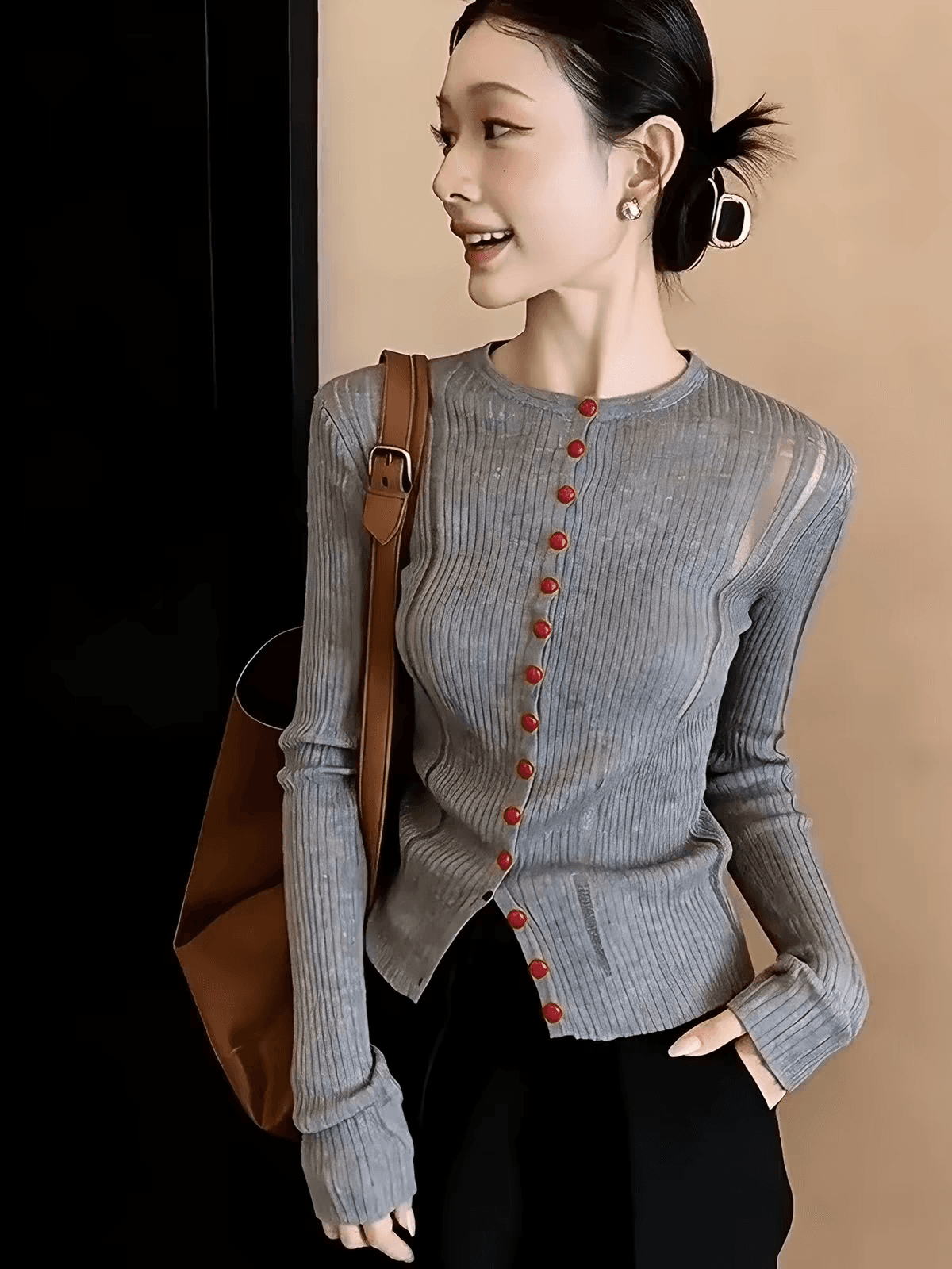 한 부서 회색 라운드 넥 긴팔 니트 오픈 가디건 여성 봄 가을 새로운 고급 센스 몸매 가꾸기 슬림해 보이는 긍정적 인 어깨 품격 맨위 이미지 3