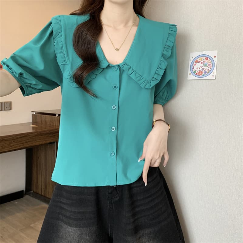 실사 정가 여름 새로운 프랑스식 베이비 칼라 거품 소매 셔츠 맨위 상세 이미지 6