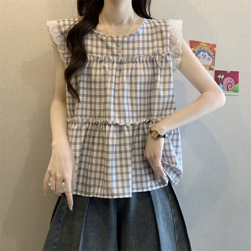 실사 정가 한 부서 레이스 배색 체크무늬 조끼 여성 달콤함 인형 셔츠 연령 감소 슬림해 보이는 맨위 상세 이미지 9