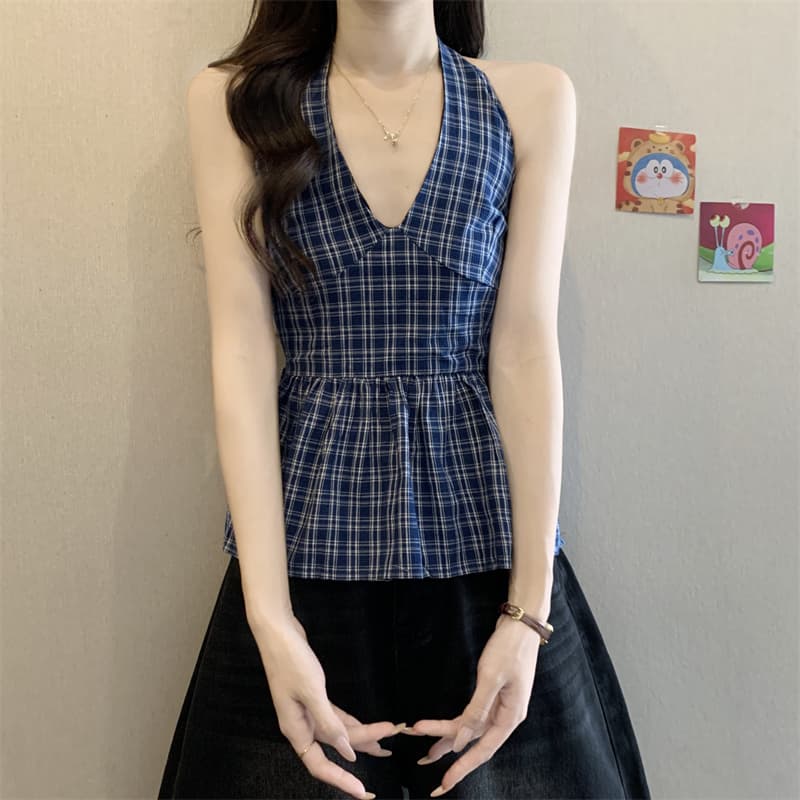 실사 정가 여름 순수한 욕망 핫걸 체크무늬 행침 목 캐미솔 몸매 가꾸기 슬림해 보이는 한국 스타일 맨위 이미지 3