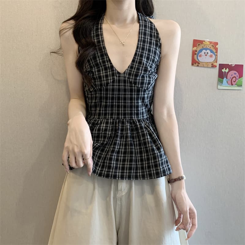 실사 정가 여름 순수한 욕망 핫걸 체크무늬 행침 목 캐미솔 몸매 가꾸기 슬림해 보이는 한국 스타일 맨위 이미지 4
