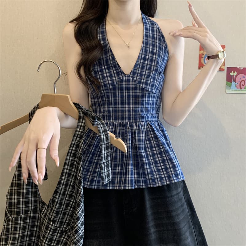 실사 정가 여름 순수한 욕망 핫걸 체크무늬 행침 목 캐미솔 몸매 가꾸기 슬림해 보이는 한국 스타일 맨위 상세 이미지 1