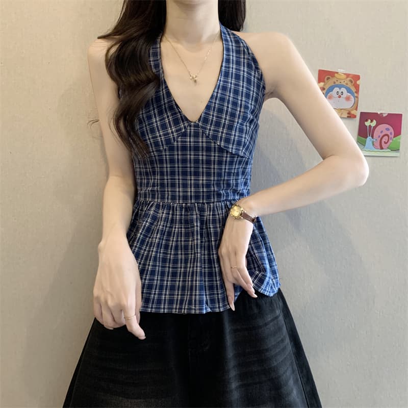 실사 정가 여름 순수한 욕망 핫걸 체크무늬 행침 목 캐미솔 몸매 가꾸기 슬림해 보이는 한국 스타일 맨위 상세 이미지 6