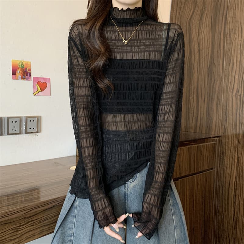 실사 정가 새로운 반하이넥 털이 있고 두꺼운 긴팔 레이스 기본 셔츠 여성 몸매 가꾸기 인사이드 잡아라. 의류 상세 이미지 14