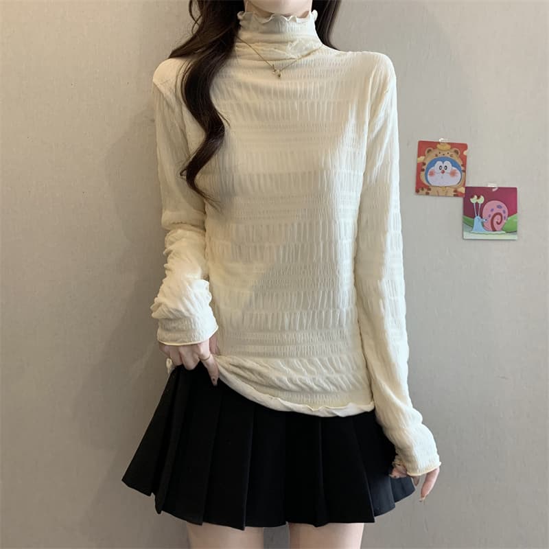 실사 정가 새로운 반하이넥 털이 있고 두꺼운 긴팔 레이스 기본 셔츠 여성 몸매 가꾸기 인사이드 잡아라. 의류 상세 이미지 20