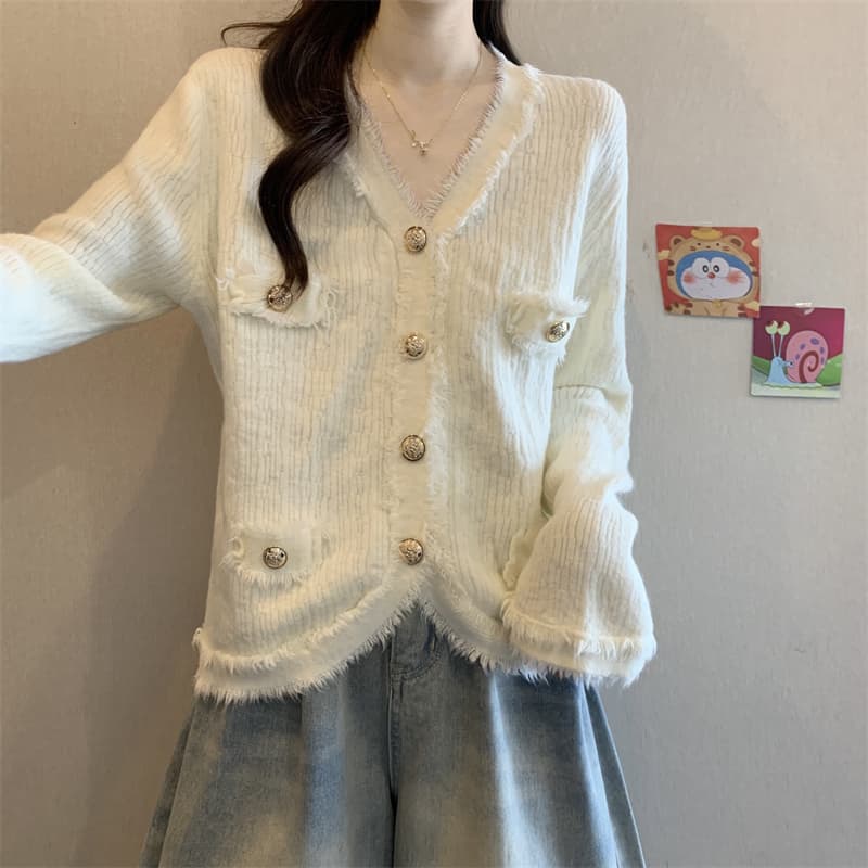 실사 정가 가을 겨울 새로운 레트로 작은 샤넬 스타일 V넥 양모 마 오래된 가짜 주머니 디자인 센스 스웨터 여자 상세 이미지 3