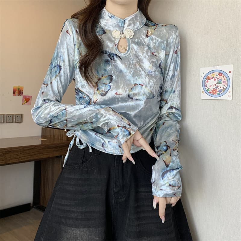 실사 정가 새로운 새로운 중식 단추 프린트 벨벳 긴팔 티셔츠 여성 펌프 Pleat 몸매 가꾸기 쇼트 스타일 만나는 맨위 상세 이미지 11