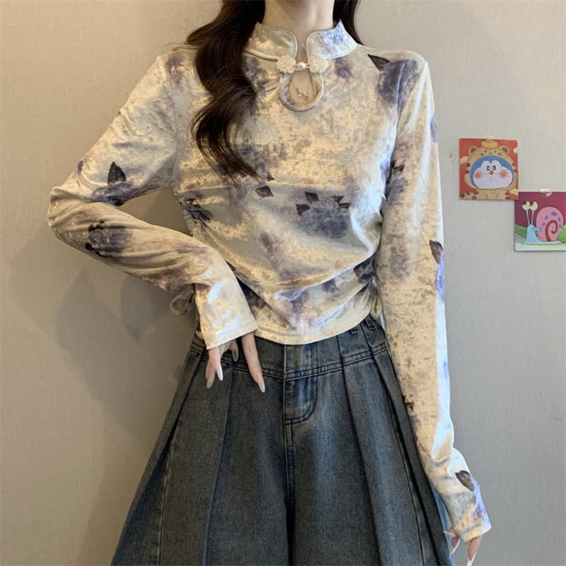 실사 정가 새로운 새로운 중식 단추 프린트 벨벳 긴팔 티셔츠 여성 펌프 Pleat 몸매 가꾸기 쇼트 스타일 만나는 맨위 상세 이미지 15