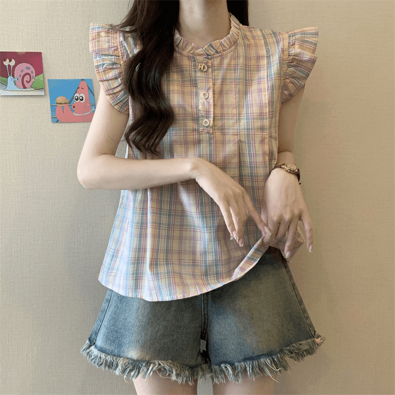 실사 정가 새로운 여름 전원 리넨 면화 좋은 Pleat 체크무늬 조끼 작은 셔츠 맨위 이미지 3