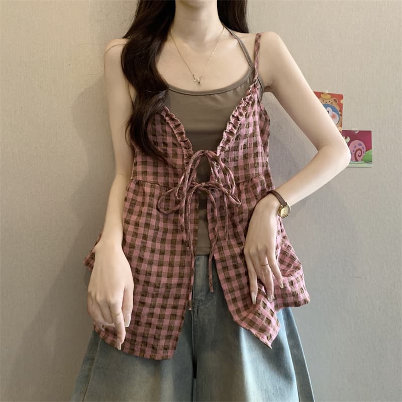 실사 정가 새로운 달콤함 배색 체크무늬 스택 착용 캐미솔 행침 목 레이스업 맨위 투피스 세트 상세 이미지 5