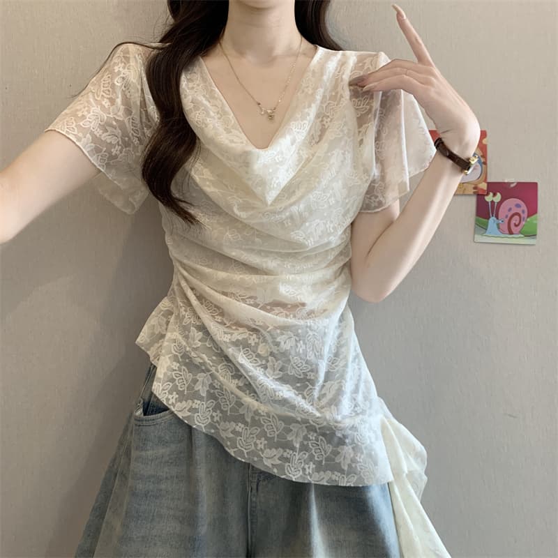 실사 정가 새로운 한 부서 부드러운 바람 페이크 레이어드 흔들다 칼라 반팔 레이스 셔츠 디자인 센스 불규칙 맨위 상세 이미지 3