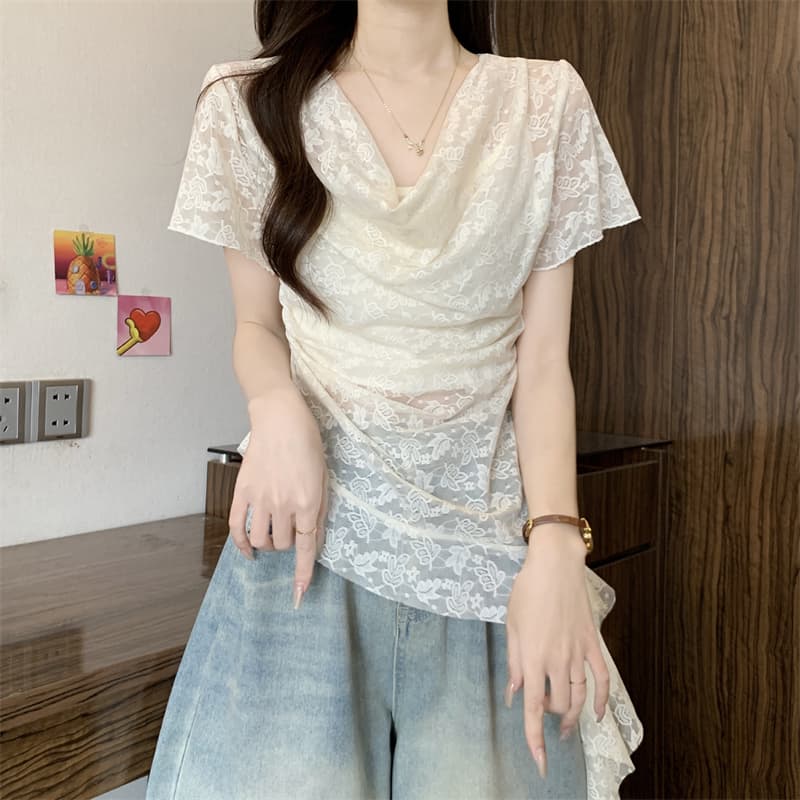 실사 정가 새로운 한 부서 부드러운 바람 페이크 레이어드 흔들다 칼라 반팔 레이스 셔츠 디자인 센스 불규칙 맨위 상세 이미지 6