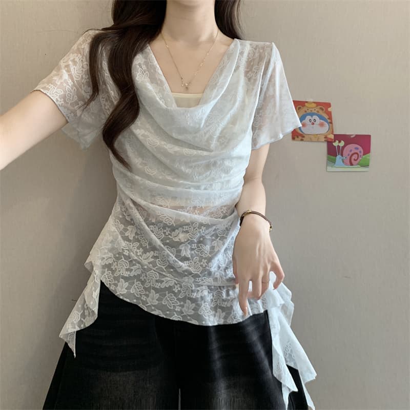 실사 정가 새로운 한 부서 부드러운 바람 페이크 레이어드 흔들다 칼라 반팔 레이스 셔츠 디자인 센스 불규칙 맨위 상세 이미지 12