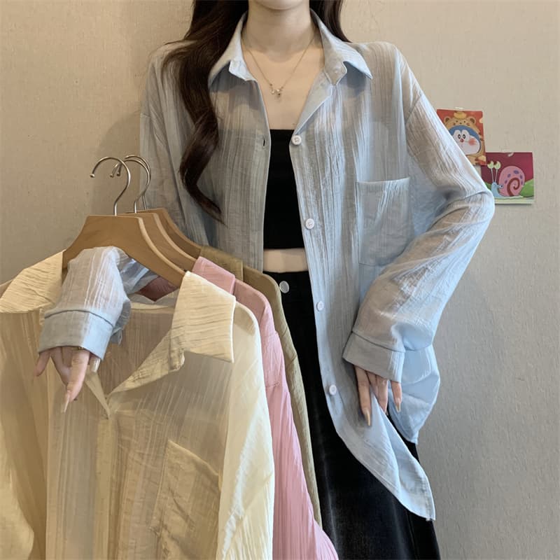 실사 정가 새로운 부서 얼음 주간 실크 마 면 자외선 차단 여성 셔츠 느긋한 외부 가져 가라. 에어컨 블라우스 맨위 상세 이미지 1