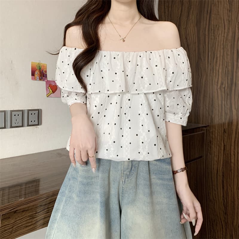 실사 정가 새로운 디자인 센스 패치워크 레이스 작은 도트 무늬 보트넥 루즈핏 반팔 둘 착용 맨위 여성 이미지 5