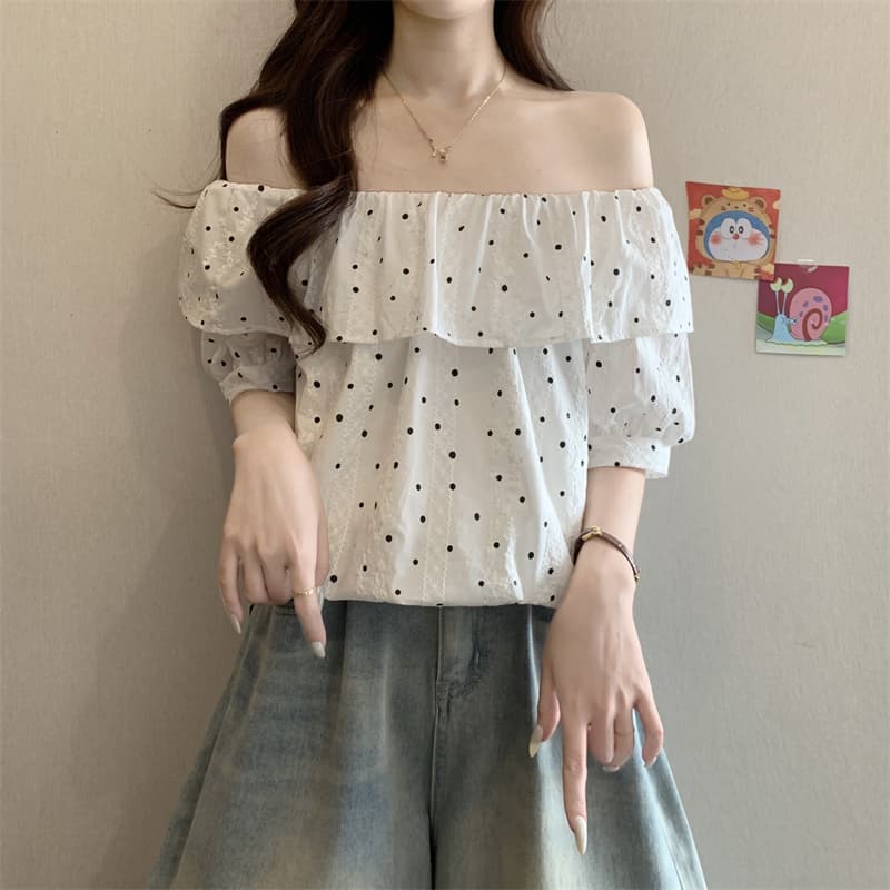 실사 정가 새로운 디자인 센스 패치워크 레이스 작은 도트 무늬 보트넥 루즈핏 반팔 둘 착용 맨위 여성 상세 이미지 9