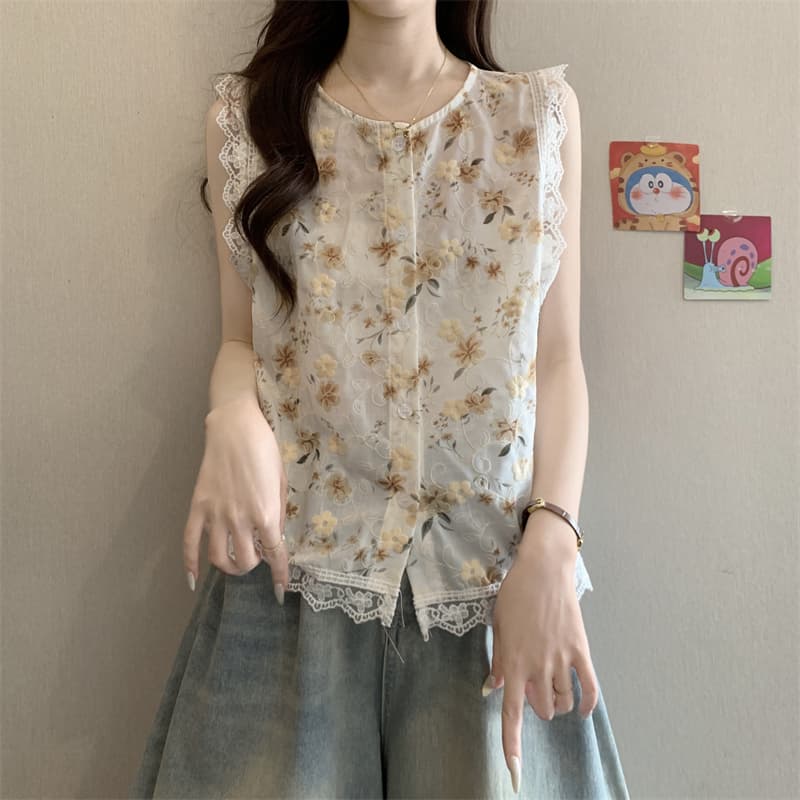 실사 정가 한국 스타일 패션 라운드 넥 레이스 측면 민소매 꽃무늬 여성 셔츠 루즈핏 슬림해 보이는 맨위 트렌드 이미지 3