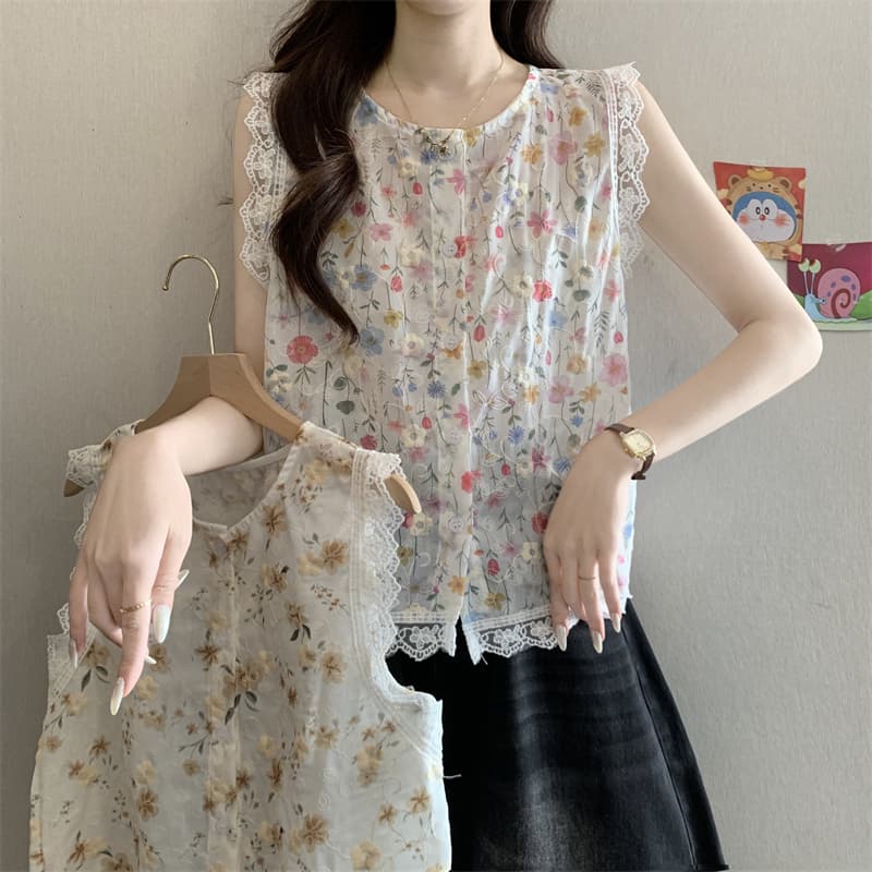 실사 정가 한국 스타일 패션 라운드 넥 레이스 측면 민소매 꽃무늬 여성 셔츠 루즈핏 슬림해 보이는 맨위 트렌드 상세 이미지 1