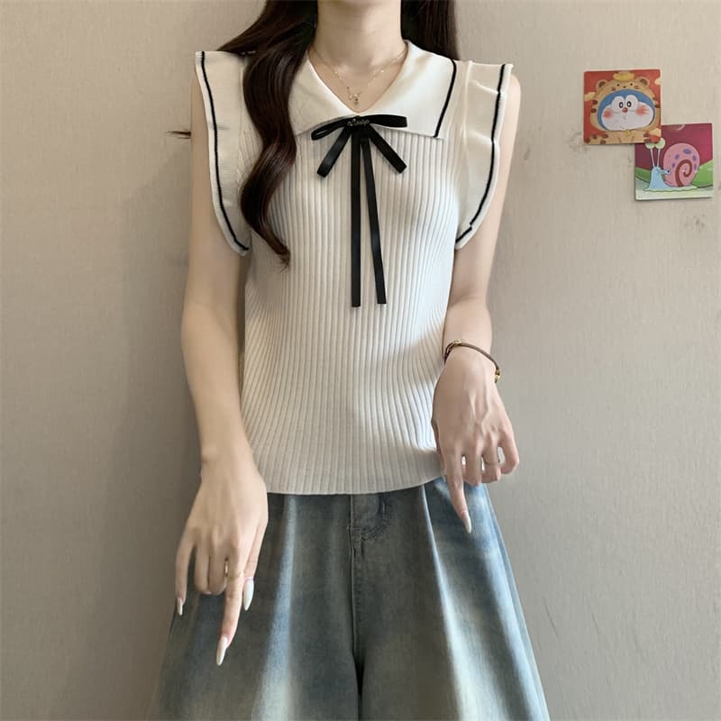 실사 정가 학원 스타일 나비 넥타이 니트 조끼 여성 여름 새로운 POLO 칼라 민소매 맨위 이미지 5