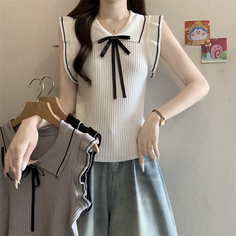실사 정가 학원 스타일 나비 넥타이 니트 조끼 여성 여름 새로운 POLO 칼라 민소매 맨위 상세 이미지 2
