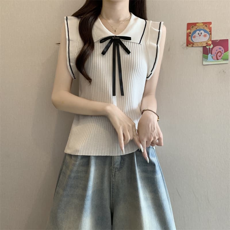 실사 정가 학원 스타일 나비 넥타이 니트 조끼 여성 여름 새로운 POLO 칼라 민소매 맨위 상세 이미지 5