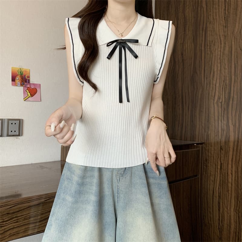 실사 정가 학원 스타일 나비 넥타이 니트 조끼 여성 여름 새로운 POLO 칼라 민소매 맨위 상세 이미지 7