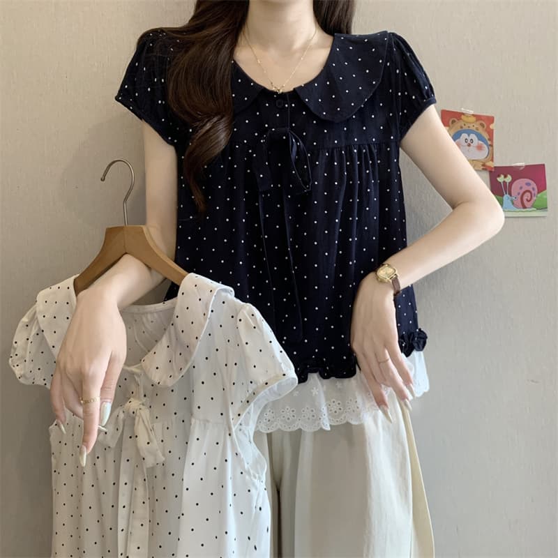 실사 정가 새로운 프릴 레이스 조각 베이비 칼라 도트 무늬 반팔 나비 넥타이 연령 감소 맨위 이미지 2