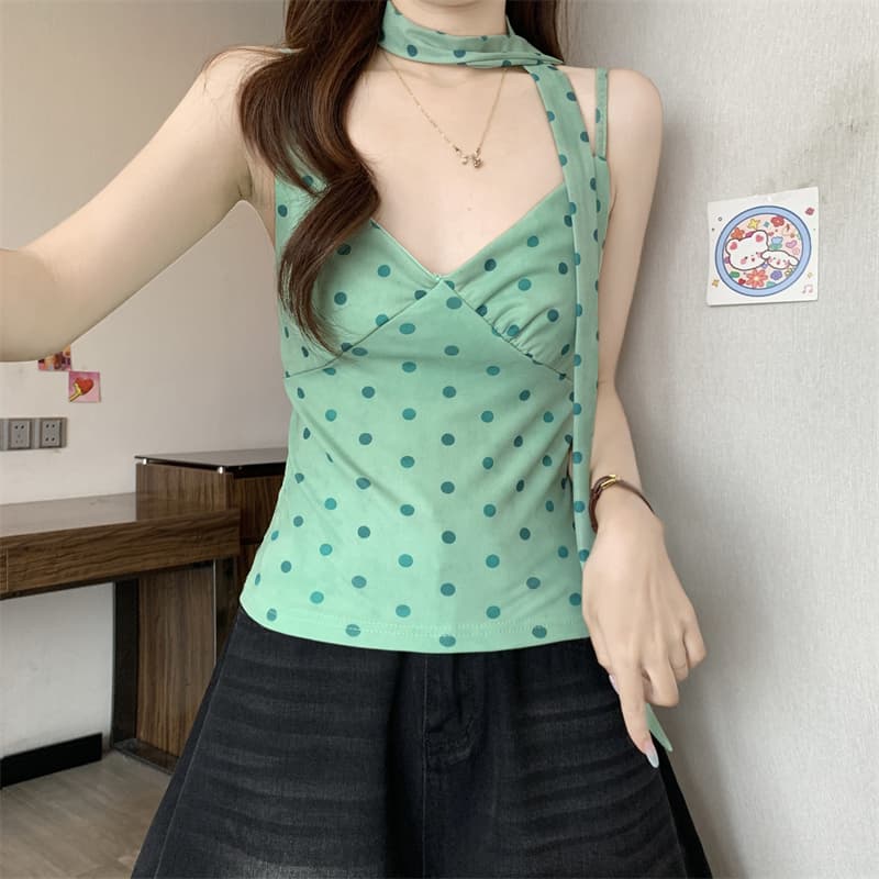 실사 정가 달콤한 핫걸 바람 도트 무늬 리본 V넥 조끼 여성 의류 여름 Chic 몸매 가꾸기 슬림해 보이는 민소매 슬립 이미지 5