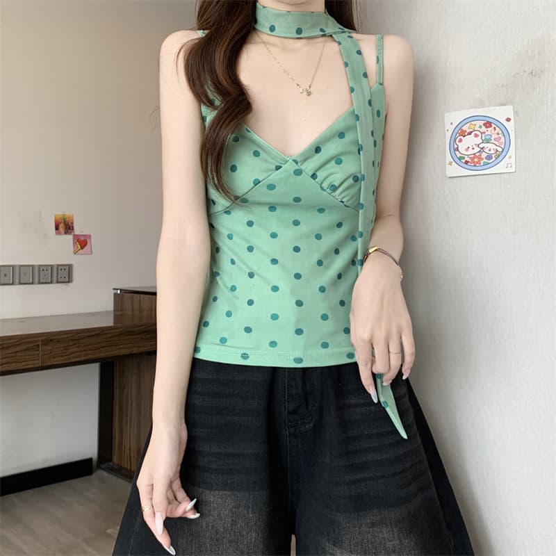 실사 정가 달콤한 핫걸 바람 도트 무늬 리본 V넥 조끼 여성 의류 여름 Chic 몸매 가꾸기 슬림해 보이는 민소매 슬립 상세 이미지 10