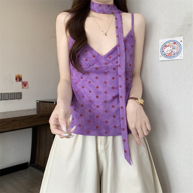 실사 정가 달콤한 핫걸 바람 도트 무늬 리본 V넥 조끼 여성 의류 여름 Chic 몸매 가꾸기 슬림해 보이는 민소매 슬립 상세 이미지 13