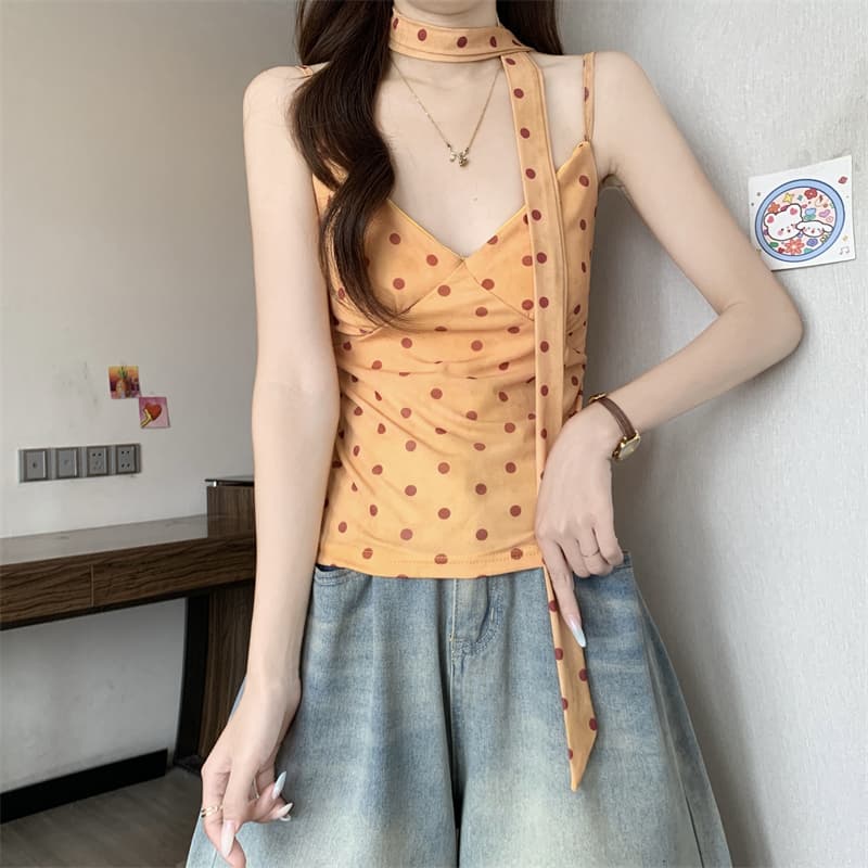 실사 정가 달콤한 핫걸 바람 도트 무늬 리본 V넥 조끼 여성 의류 여름 Chic 몸매 가꾸기 슬림해 보이는 민소매 슬립 상세 이미지 17
