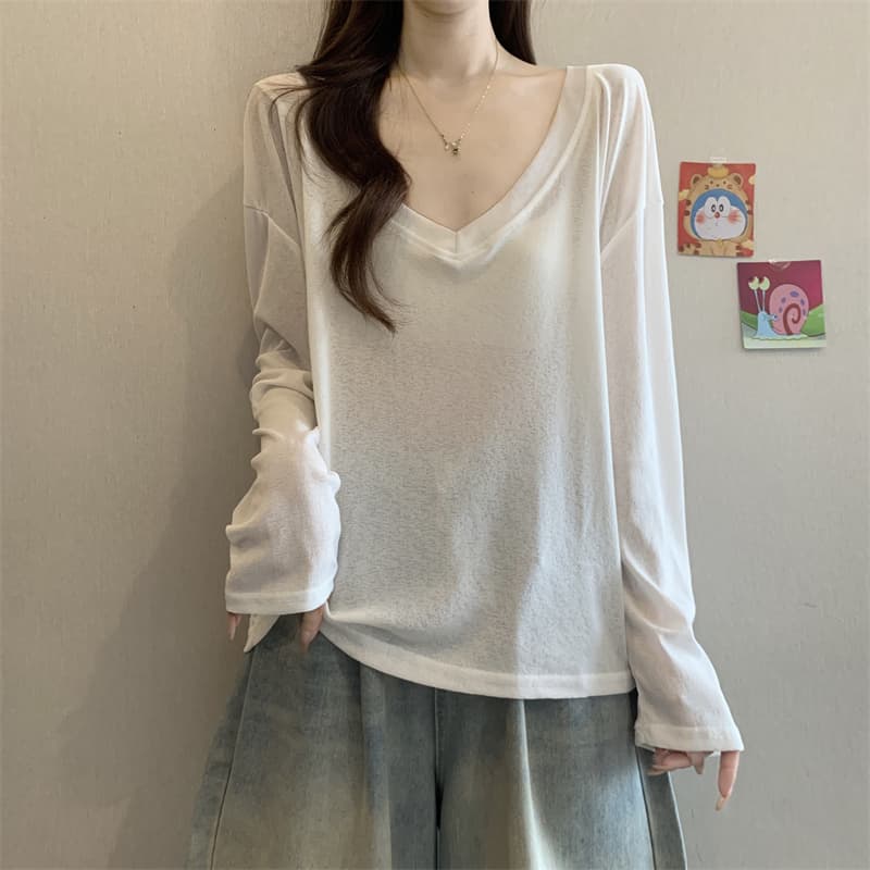 실사 정가 V넥 긴팔 티셔츠 여성 가을 느긋한 루즈핏 블라우스 디자인 센스 미니멀리즘 품격 자외선 차단 맨위 이미지 2