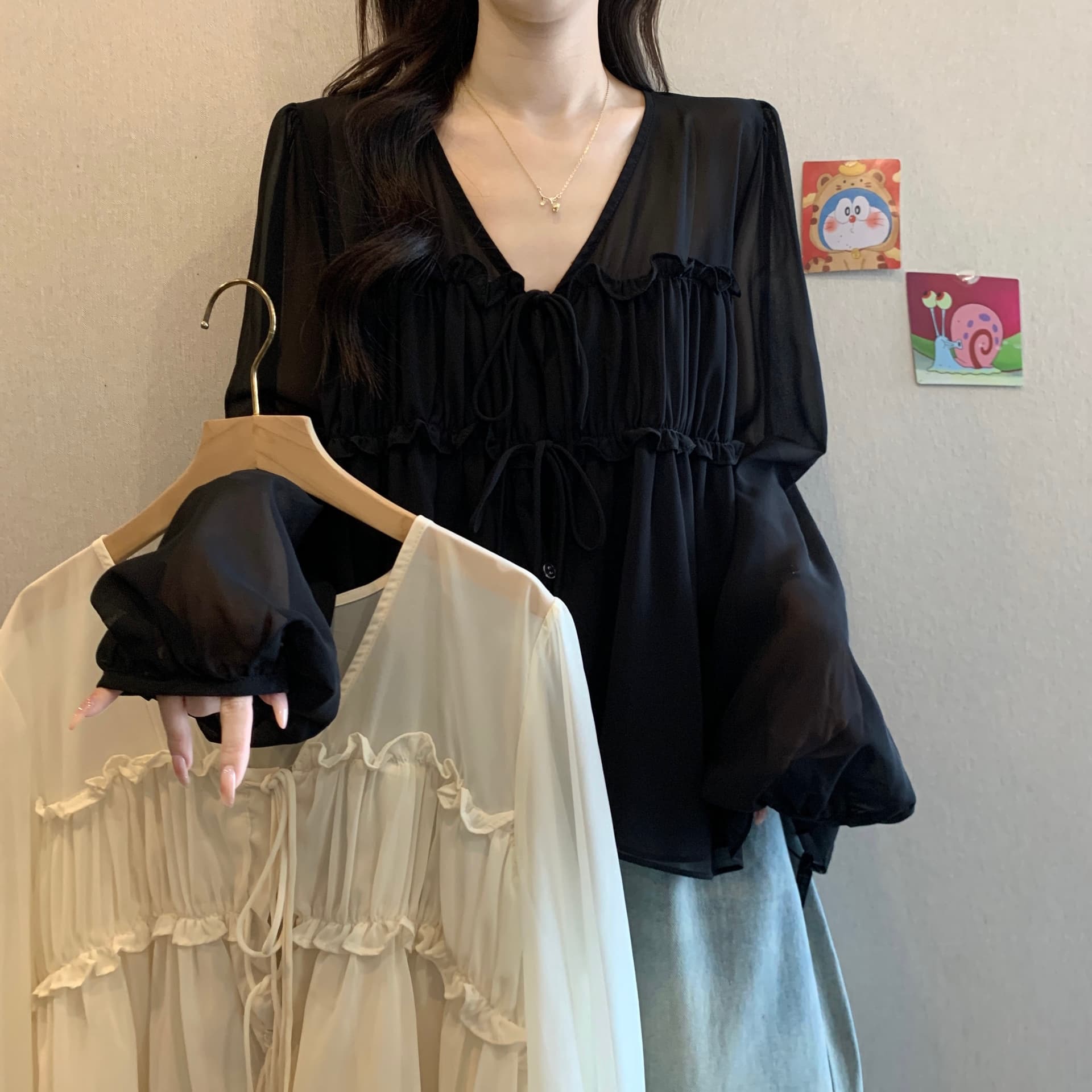 프랑스식 아름다운 연령 감소 V넥 스트랩 시폰 셔츠 여성 여름 지방 mm 새로운 루즈핏 표지 배 숨기기 고기 벌룬 소매 맨위 이미지 2