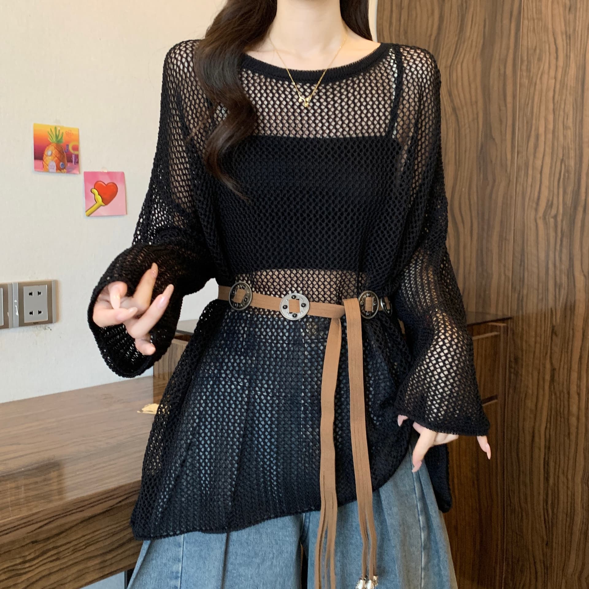 보헤미안 바람 홀로우 아웃 니트 스웨터 여성 여름 2026 이른 봄 새로운 지방 mm 품격 다용도 허리 수축 슬림해 보이는 블라우스 상세 이미지 7