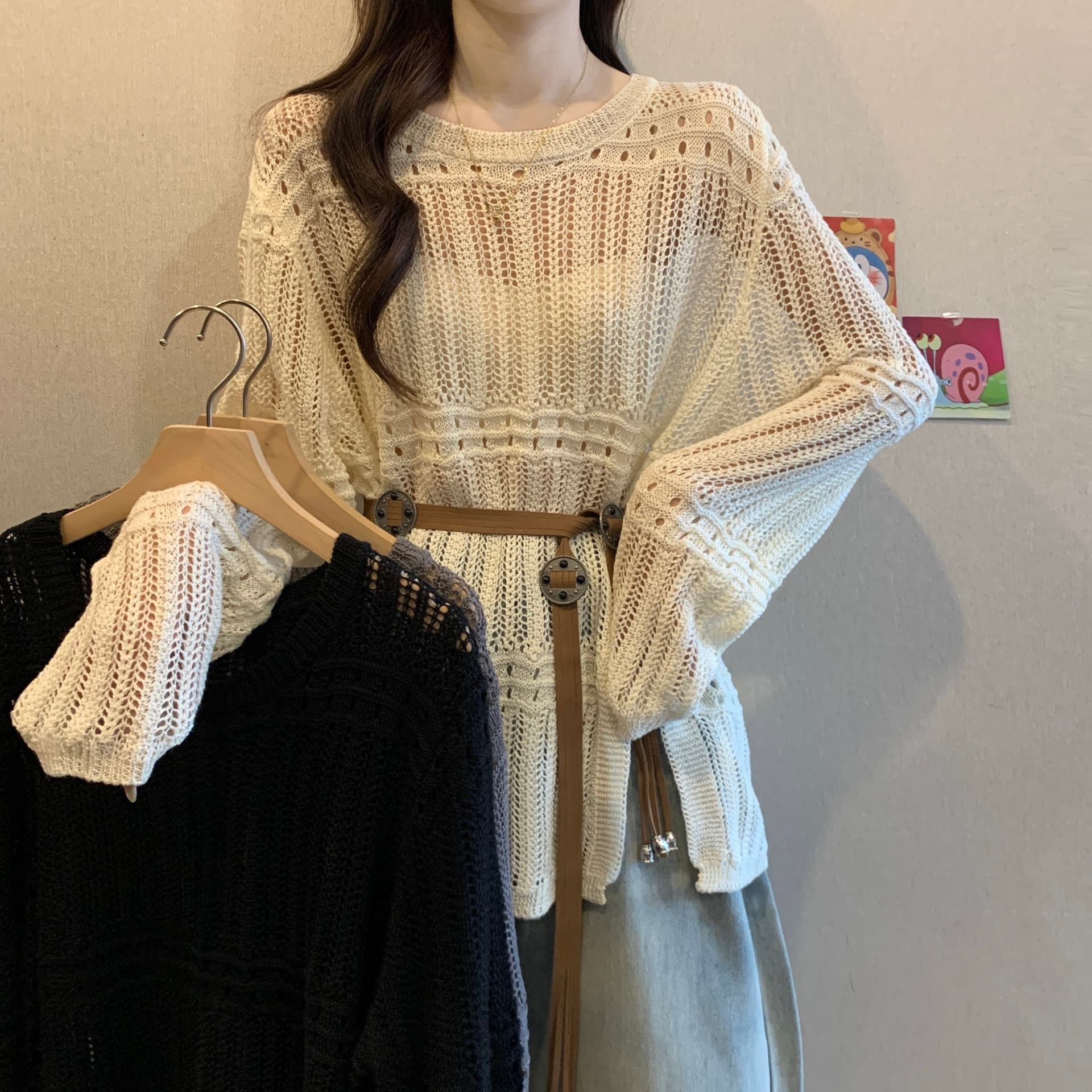 보헤미안 홀로우 아웃 트임 니트 스웨터 여성 봄 지방 mm 새로운 품격 벨트 허리 수축 슬림해 보이는 불규칙 블라우스 이미지 2