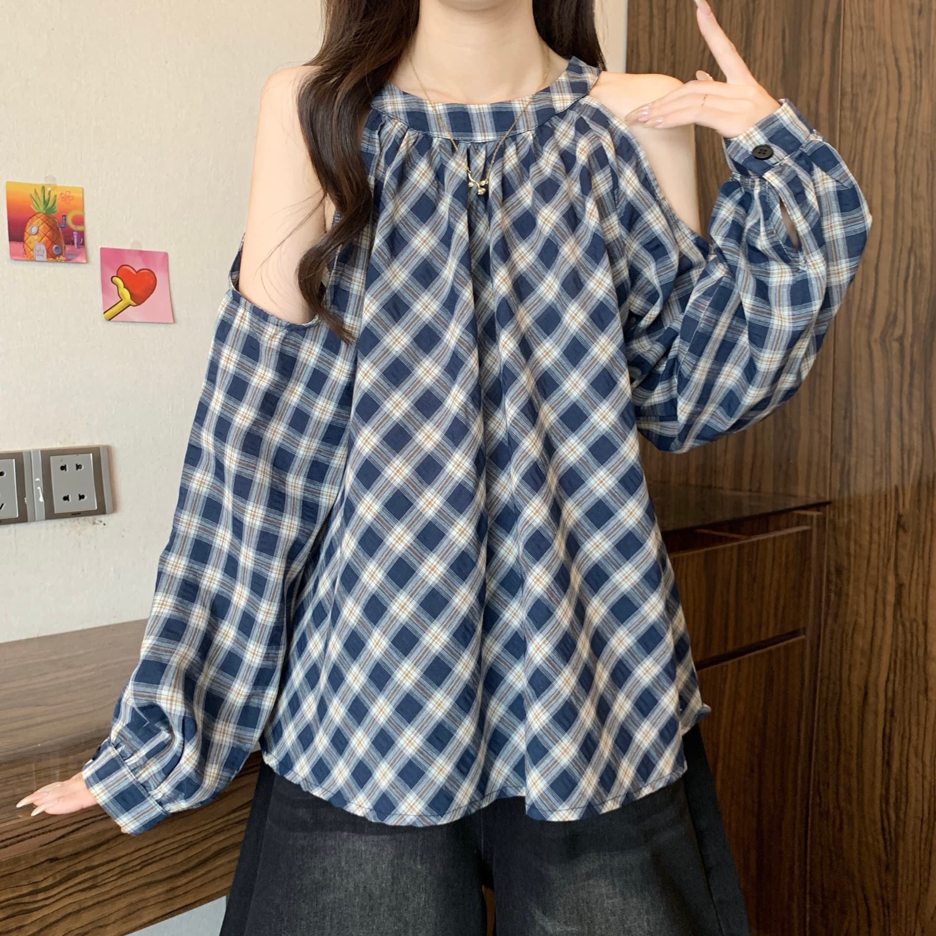 디자인 센스 레트로 체크무늬 오프숄더 행침 목 여성 셔츠 가을 지방 mm 연령 감소 다용도 표지 배 슬림해 보이는 Chic 맨위 상세 이미지 6