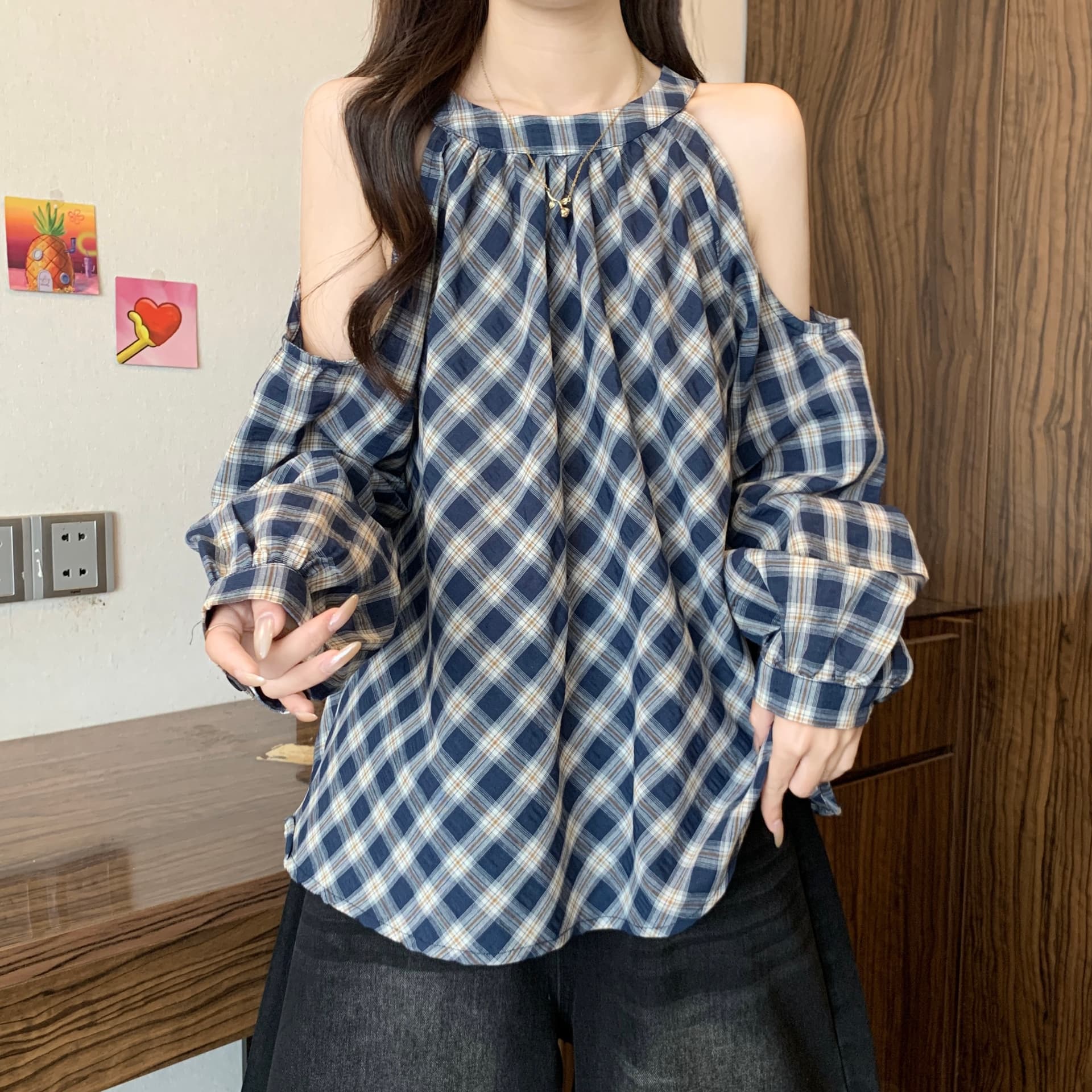 디자인 센스 레트로 체크무늬 오프숄더 행침 목 여성 셔츠 가을 지방 mm 연령 감소 다용도 표지 배 슬림해 보이는 Chic 맨위 상세 이미지 7