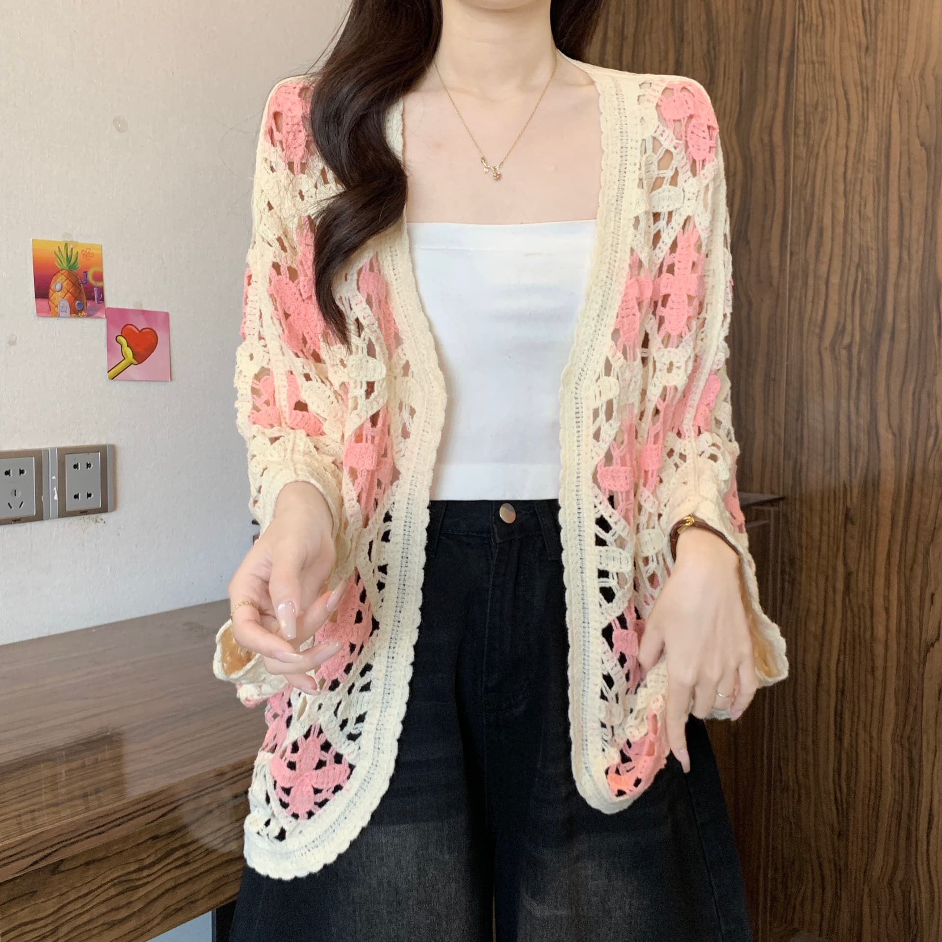 보헤미안 자수 홀로우 아웃 니트 열기 여성 봄 여름 새로운 지방 mm 루즈핏 슬림해 보이는 연령 감소 다용도 외부 잡아라. 의류 상세 이미지 7